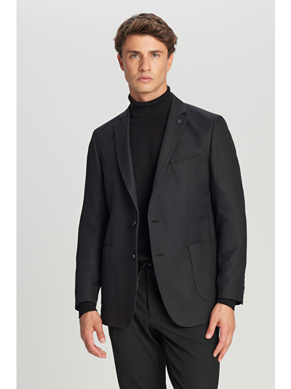 AC&Co / Altınyıldız Classics Erkek Siyah Slim Fit Dar Kesim Mono Yaka Torba Cepli Blazer Ceket