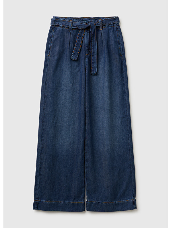 United Colors Of Benetton Kız Çocuk Koyu Denim Bol Paça Denim Kemerli Pantolon