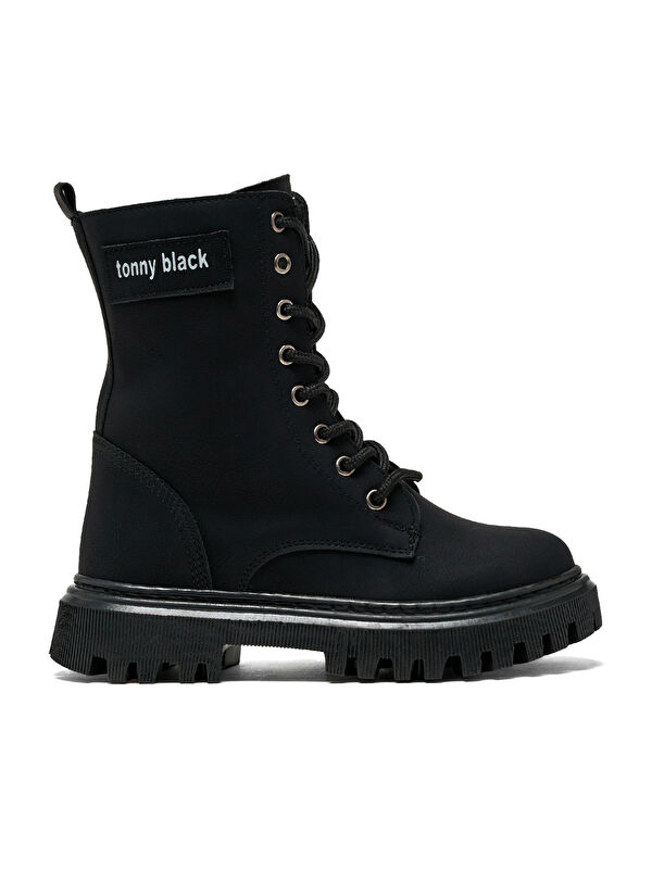 TONNY BLACK Kız Çocuk Siyah Termo Taban Önü Bağcıklı Uzun Bot
