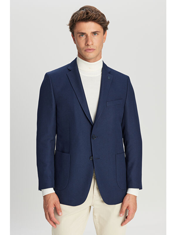 AC&Co / Altınyıldız Classics Erkek Lacivert Slim Fit Dar Kesim Mono Yaka Torba Cepli Blazer Ceket