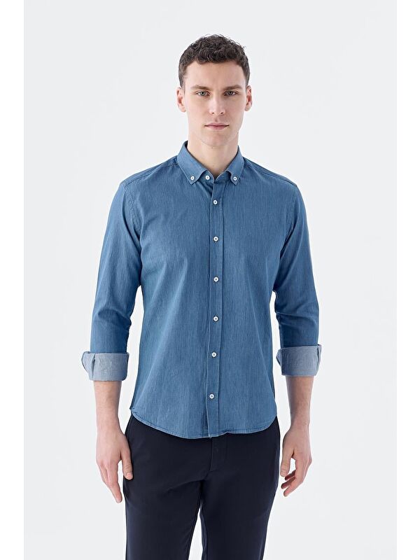 JAKAMEN Lacivert Slim Fit Cepli Düğmeli Yaka %100 Pamuk Gömlek