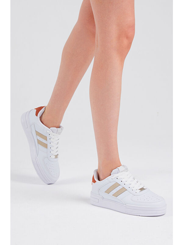 Unisex Beyaz Bej Yanı Çizgili Bağcıklı Rahat Kalıp Sneaker - Görsel 5