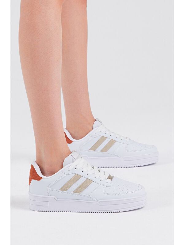 Unisex Beyaz Bej Yanı Çizgili Bağcıklı Rahat Kalıp Sneaker - Görsel 6