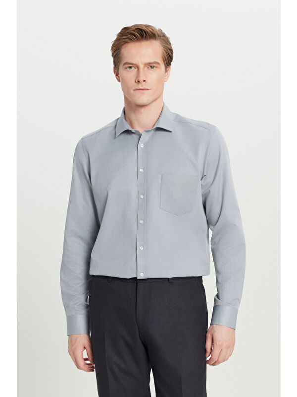 AC&Co / Altınyıldız Classics Erkek Gri Pamuklu Tailored Slim Fit Dar Kesim Klasik Yaka Armürlü Cepli Gömlek