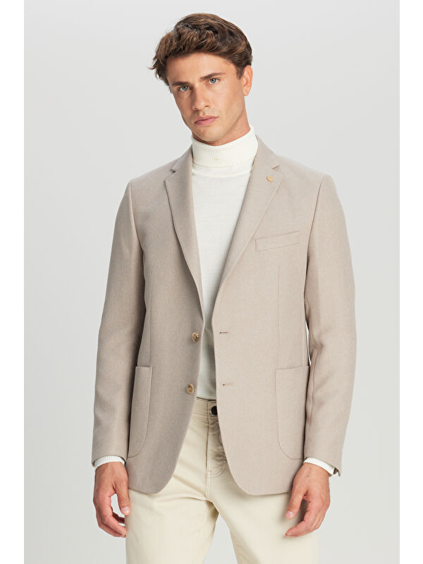 AC&Co / Altınyıldız Classics Erkek Bej Slim Fit Dar Kesim Mono Yaka Torba Cepli Blazer Ceket