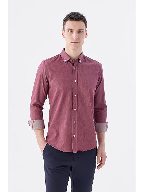 JAKAMEN Bordo Slim Fit Cepli Düğmeli Yaka %100 Pamuk Gömlek