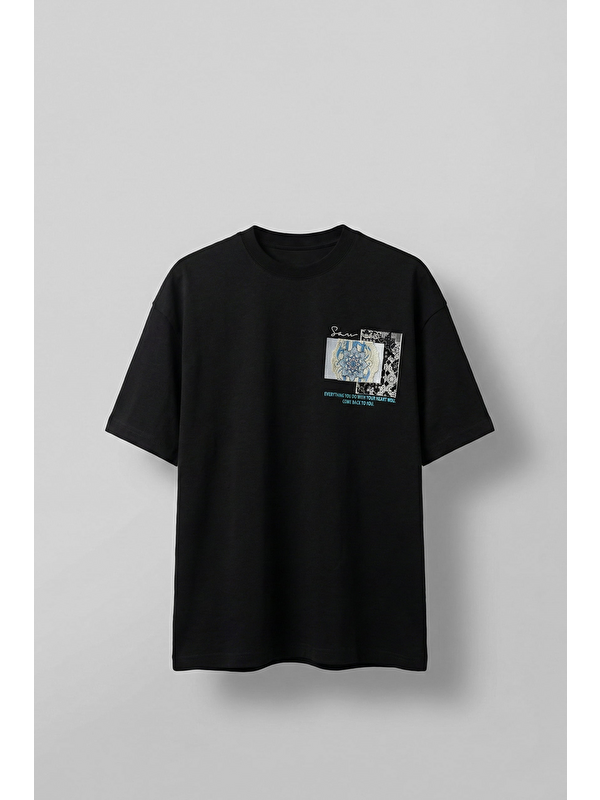 Abluka Online Erkek Oversize Nakış Detaylı Anadolu Motifi T-Shirt Siyah