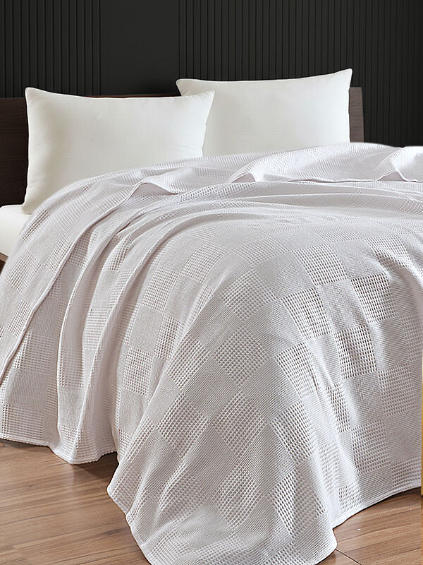 UPSTYLE Çift Kişilik Karo Desenli Pike Örtü Pamuklu Beyaz 200x230 cm (Weave Serisi)