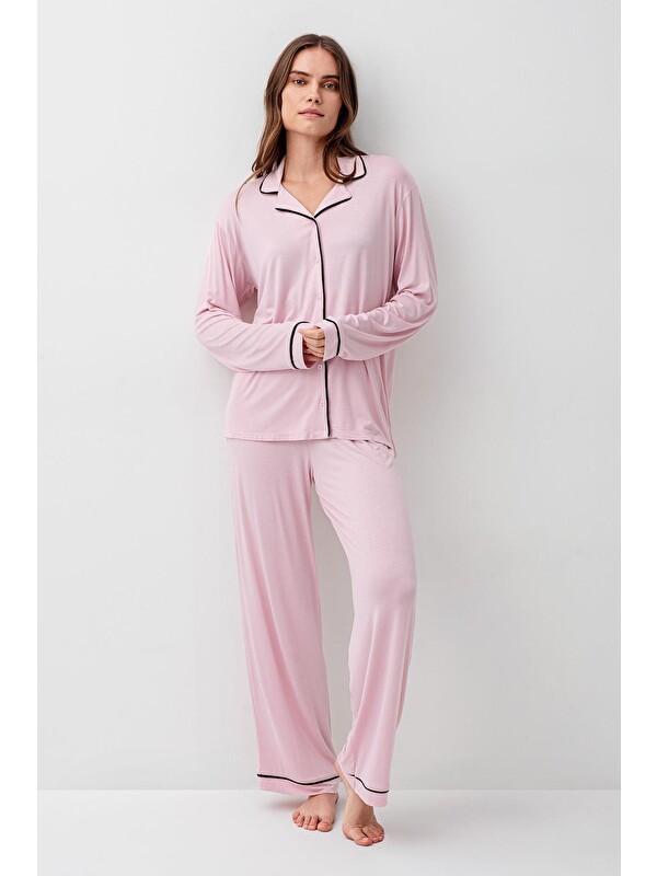 Artış Uzun Kollu Düğmeli Esnek Elastanlı Viskoz Soft Pijama Takım 18207