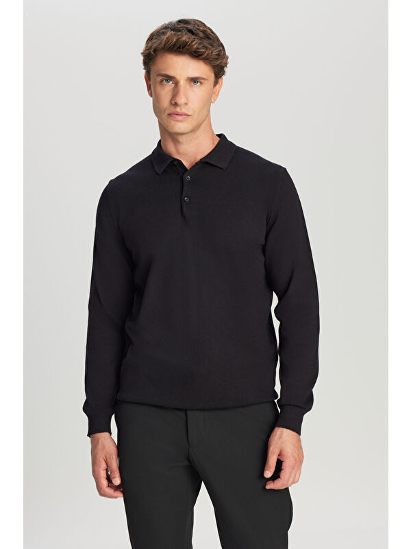 Altınyıldız Classics Erkek Siyah Pamuklu Standart Fit Normal Kesim Polo Yaka Triko Kazak