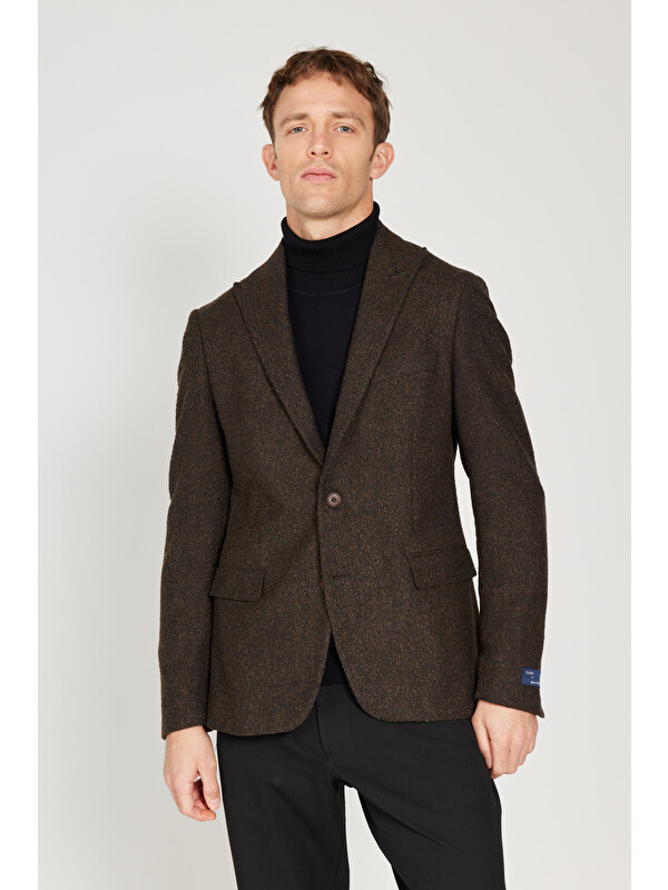Altınyıldız Classics Erkek Kahverengi  Dar Kesim Kırlangıç Yaka Desenli Yünlü Blazer Ceket