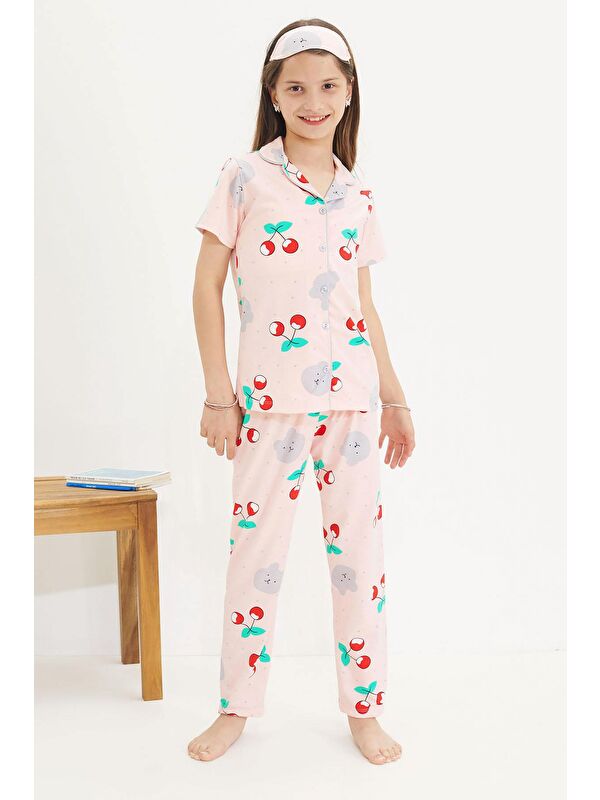 Cansın Mini Kiraz Desenli Kısa Kol Kız Çocuk Göz Bantlı Pijama Takımı 18654