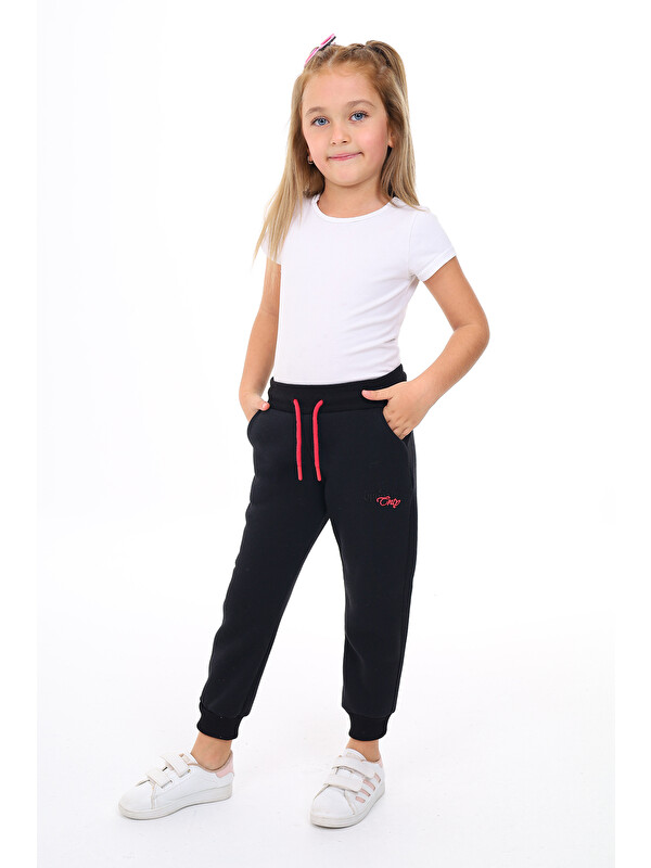 Toontoykids Kız Çocuk Nakış Baskılı Beli Paçası Lastikli Cepli Basic Jogger Eşofman Altı 3 İplik Şardonlu