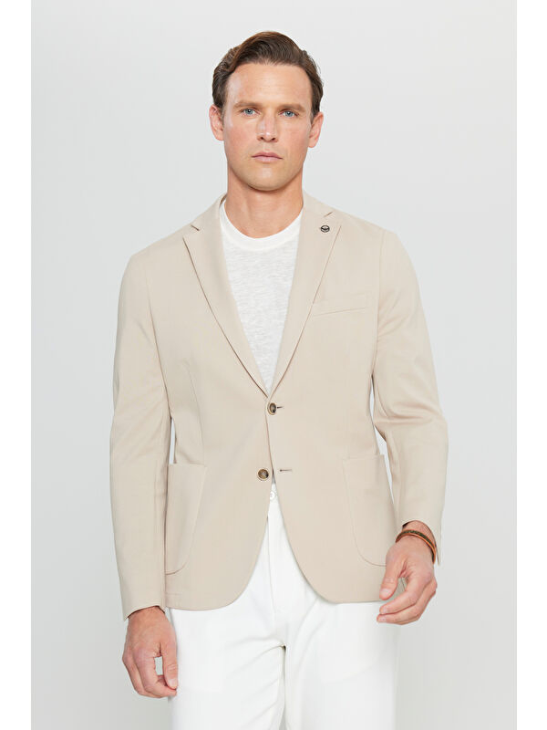 Altınyıldız Classics Erkek Bej Pamuklu Slim Fit Dar Kesim Armürlü Esnek Torba Cepli Blazer Ceket