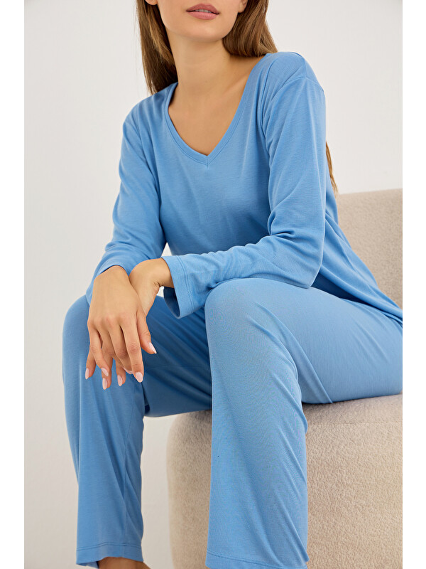 Siyah İnci mavi V Yaka Yumuşak Tuşe Örme Pijama Takım7942