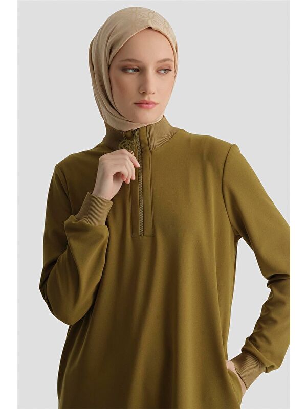ARMİNE Fermuar Detaylı Basic Tunik Yağ Yeşili