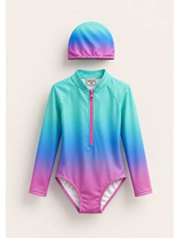 My Kids Wear Kız Çocuk UV Korumalı Uzun Kollu Fermuarlı Mayo Takımı 12782