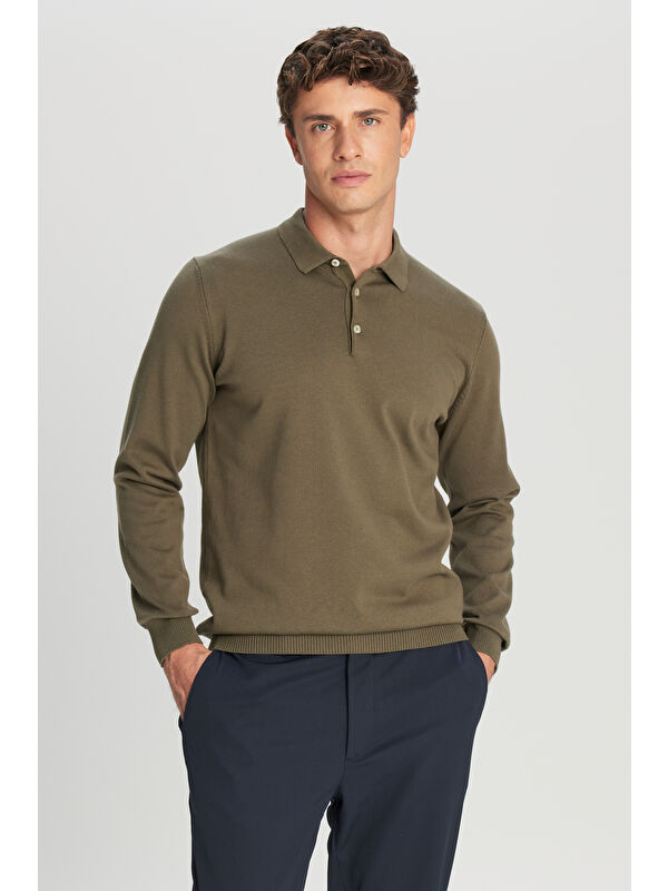 Altınyıldız Classics Erkek Haki Pamuklu Standart Fit Normal Kesim Polo Yaka Triko Kazak