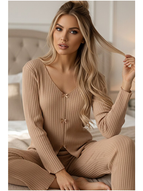Siyah İnci vizon fiyonklu Fitilli Kaşkorse Uzun Kollu Pijama Takım 7937
