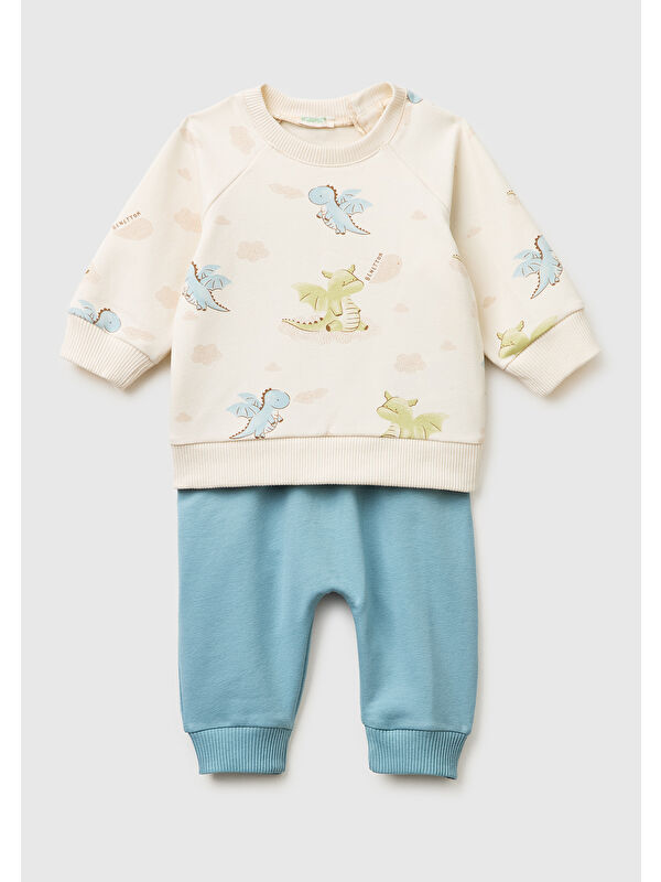 United Colors Of Benetton Bebek Mavi Mix Düğmeli Baskılı Sweatshirt Takım