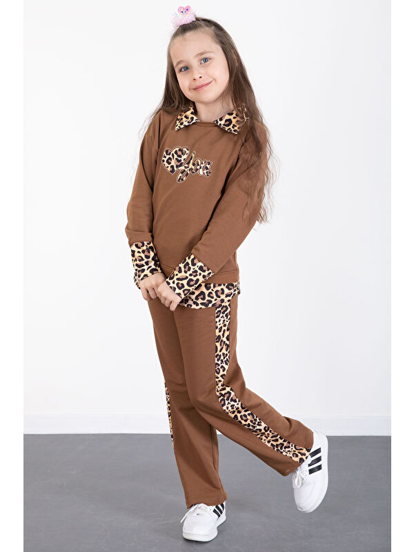 Cansın Mini Kahve Leopar Şerit Detaylı Kalpli Kız Çocuk Alt Üst 2li Takım 20524