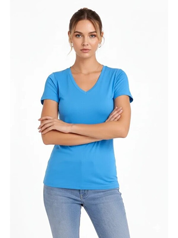 Jane's T-Shirt V Yaka Slim Fit Elastanlı Tişört Günlük Basic Body - Açık Mavi