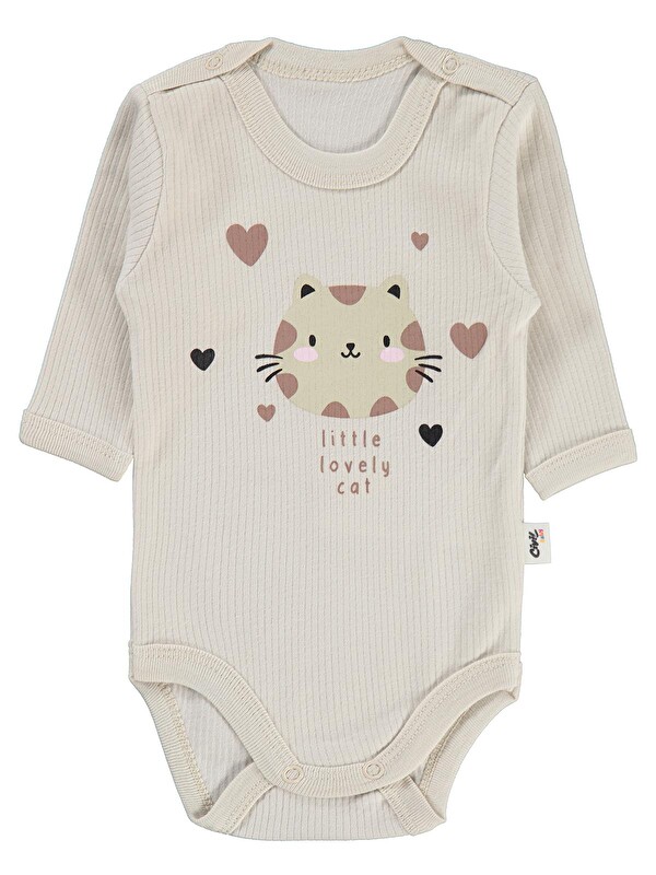 Civil Baby Kedi Baskılı 0-3 Yaş Çıtçıtlı Badi - Bej