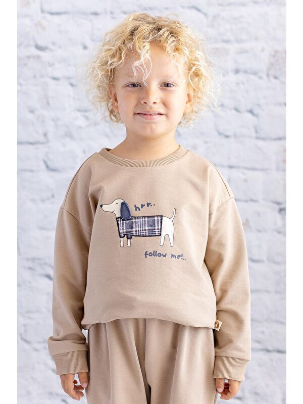 MİNİNİO Erkek Bebek Baskı Nakış Detaylı Sweatshirt - Bej