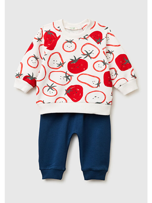 United Colors Of Benetton Bebek Ekru-Lacivert Düğmeli Baskılı Sweatshirt Takım