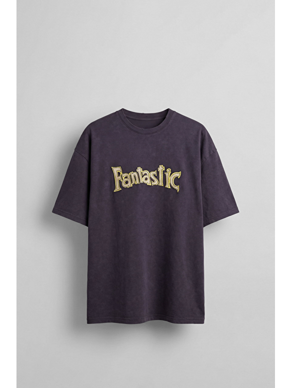 Abluka Online Erkek Oversize Nakışlı Yıkamalı T-Shirt Mürdüm