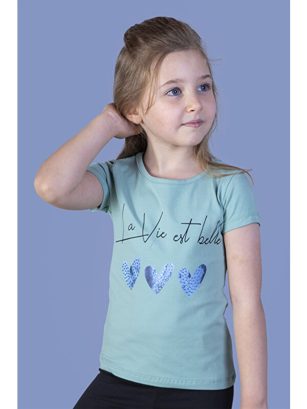 Toontoykids Kız Çocuk Kalp Desenli Yazı Baskılı Taş İşlemeli Tişört
