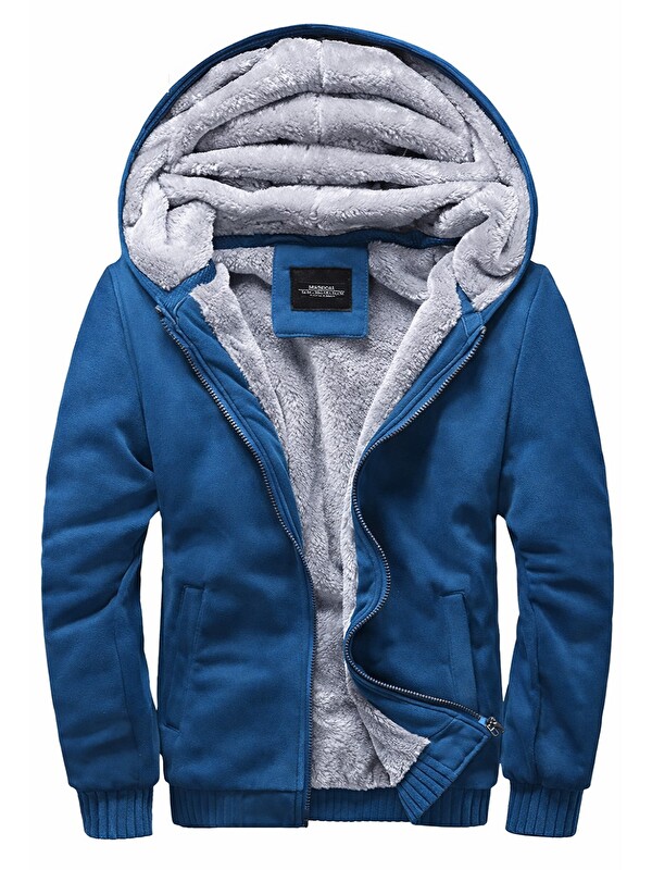 Madmext İçi Kürklü İndigo Erkek Fermuarlı Sweatshirt Hırka 22377