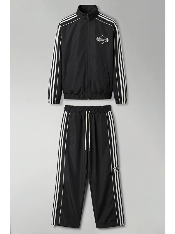 Abluka Online Erkek Relaxed Fit Şeritli Spor Eşofman Takımı Siyah