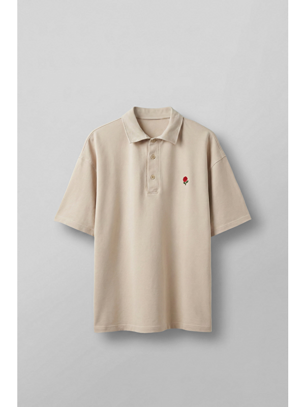 Abluka Online Erkek Oversize Yıkamalı Gül Nakışlı Polo Yaka Tişört Bej