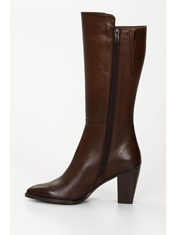 KAHVERENGİ Hakiki Deri Sivri Burun Topuklu Kadın Günlük Çizme 47530 - Görsel 6