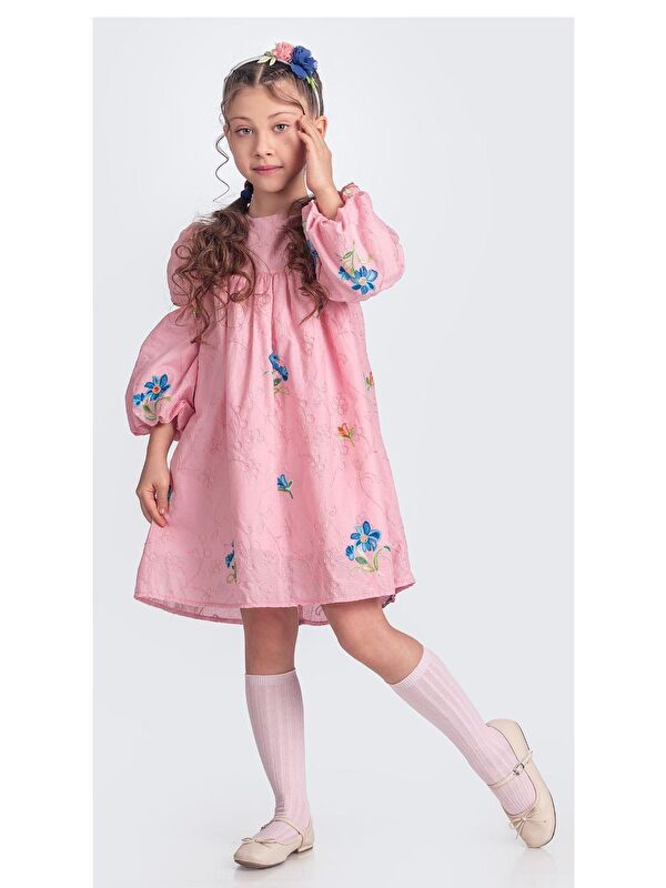 Mnk Baby & Kids Otantik Akdeniz Çiçek NakışKız Çocuk Müslin Elbise M00706
