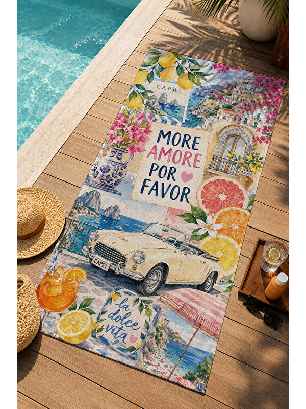 Milbay Grup Retro Amore Yazılı İtalyan Kolaj Desenli 70x150 Plaj Havlusu - Dijital Baskılı Solmaz Banyo Havlusu
