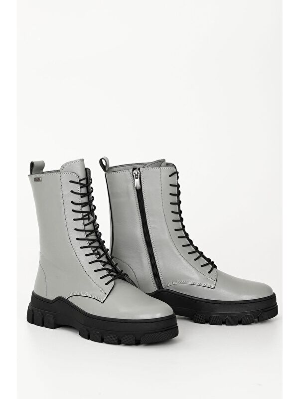 GRİ Hakiki Deri Yuvarlak Burun Fermuarlı Bağcıklı Kadın Bot 55415 - Görsel 2