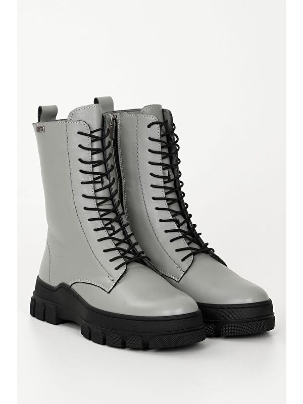 GRİ Hakiki Deri Yuvarlak Burun Fermuarlı Bağcıklı Kadın Bot 55415 - Görsel 3