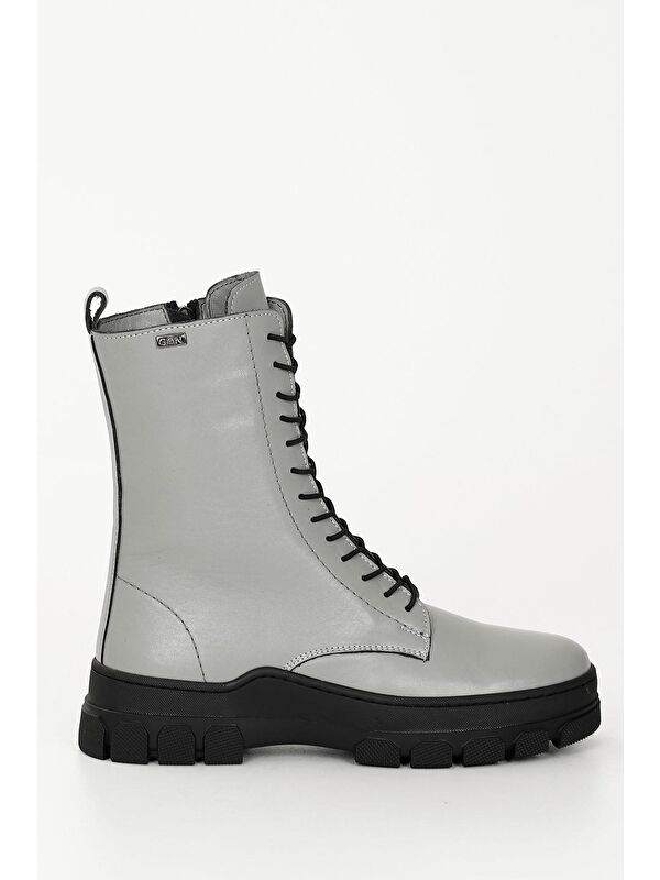 GRİ Hakiki Deri Yuvarlak Burun Fermuarlı Bağcıklı Kadın Bot 55415 - Görsel 4