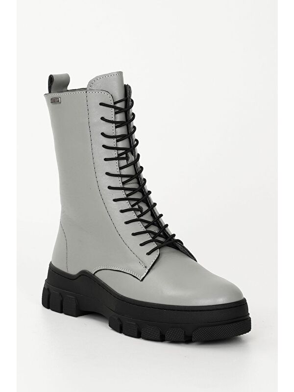 GRİ Hakiki Deri Yuvarlak Burun Fermuarlı Bağcıklı Kadın Bot 55415 - Görsel 5