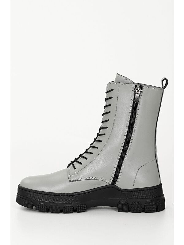 GRİ Hakiki Deri Yuvarlak Burun Fermuarlı Bağcıklı Kadın Bot 55415 - Görsel 6