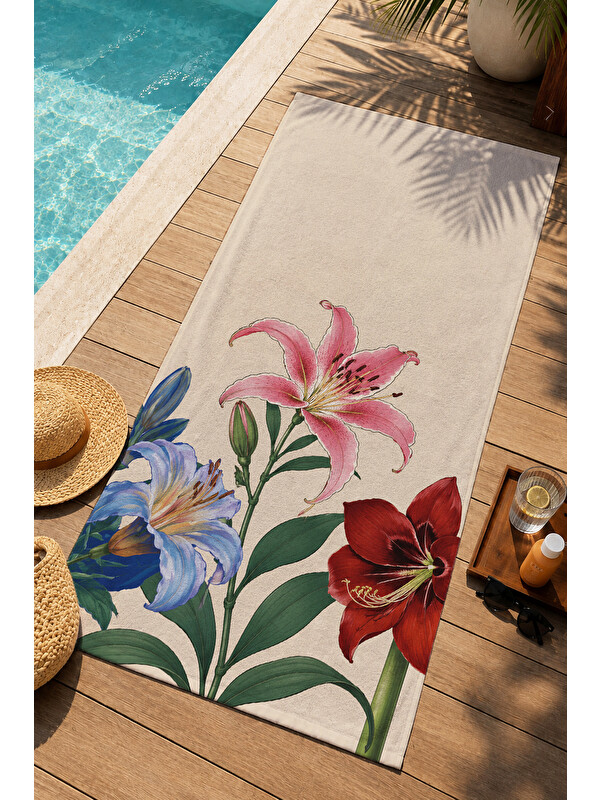 Milbay Grup Modern Botanik Zambak Kelebek Desenli 70x150 Plaj Havlusu - Dijital Baskılı Solmaz Banyo Havlusu