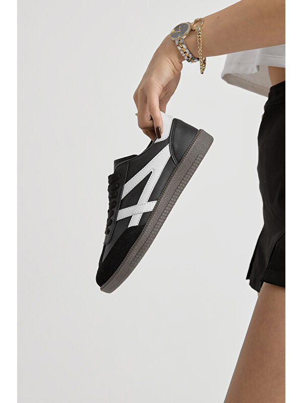 TONNY BLACK Unisex Siyah Beyaz Termo Taban Yanı Şeritli Bağcıklı Spor Ayakkabı