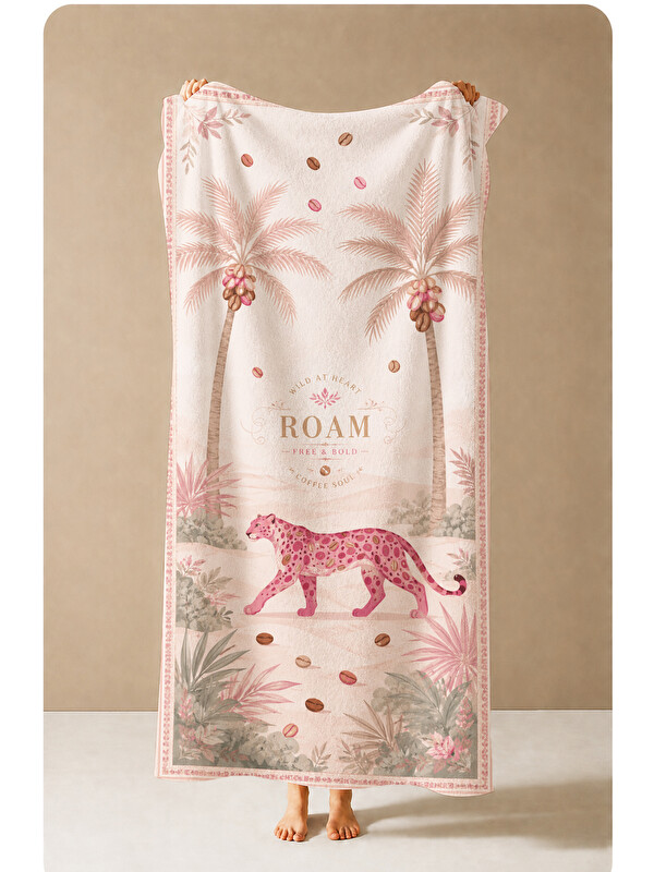 Milbay Grup Vintage Safari Leopar Palmiye ve Roam Yazılı Desenli 70x150 Plaj Havlusu - Pamuklu Banyo Havlusu