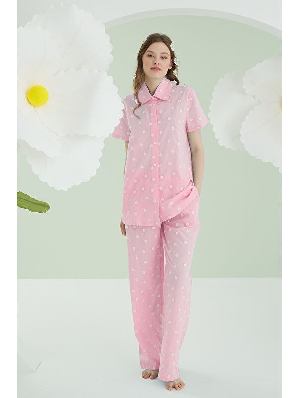 NBB Pembe Papatyalı Önden Düğmeli Pijama Takımı