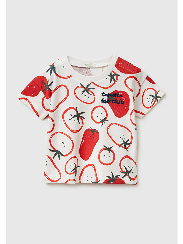 United Colors Of Benetton Bebek Krem Omzu Gizli Çıtçıtlı Domates Desenli Yuvarlak Yaka T-Shirt