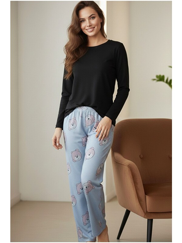 Siyah İnci Pamuklu Örme Pijama Takım 7975