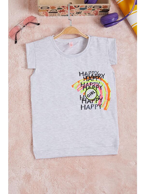 Pembe Life Kids Club Gri  Nakışlı Kız Çocuk Tişört 15567