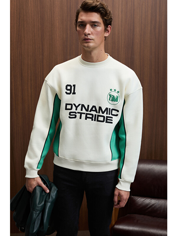 GRIMELANGE MONTY Erkek Yuvarlak Yaka Baskılı Omuzları Yeşil Renkte Relaxed Fit EKRU Sweatshirt